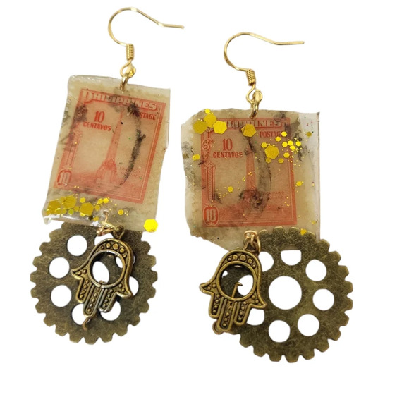 Hand Crafted Jewelry - 18K Philippines  10c Bonifacio Monument 1947 Resin Gears Hamsa Hand Earrings